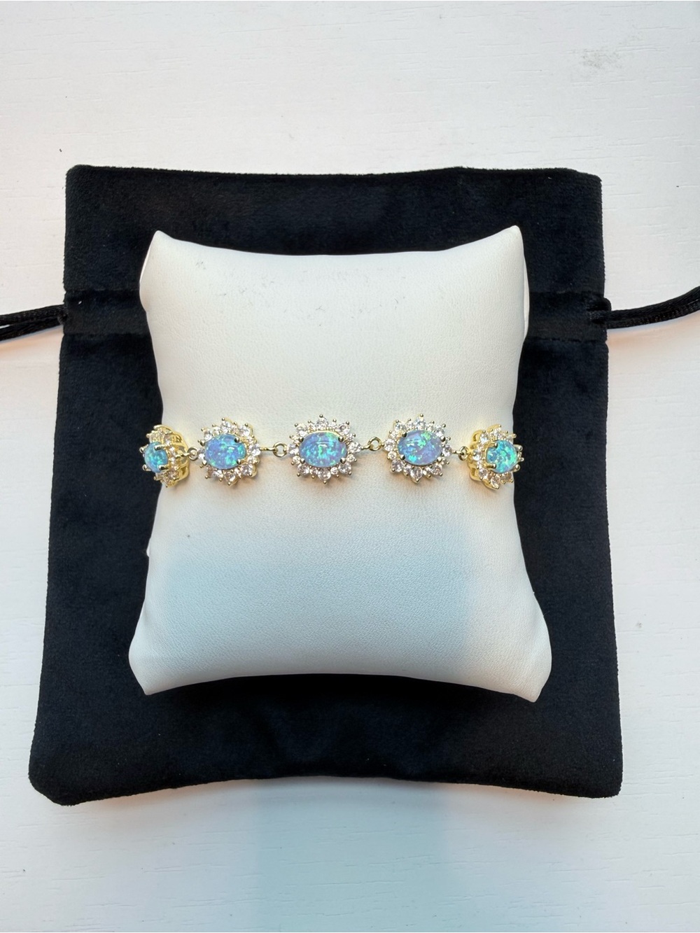 Gold Plated Blue Opal Demi Fine Halo Bracelet with Crystals